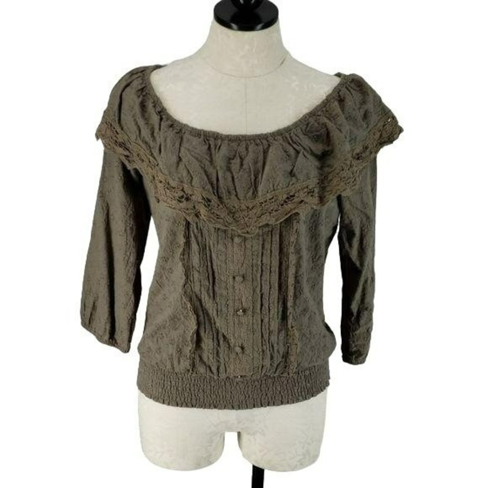 Flying Tomato Women's Medium Olive Green Peasant Boho Off Shoulder Top Blouse